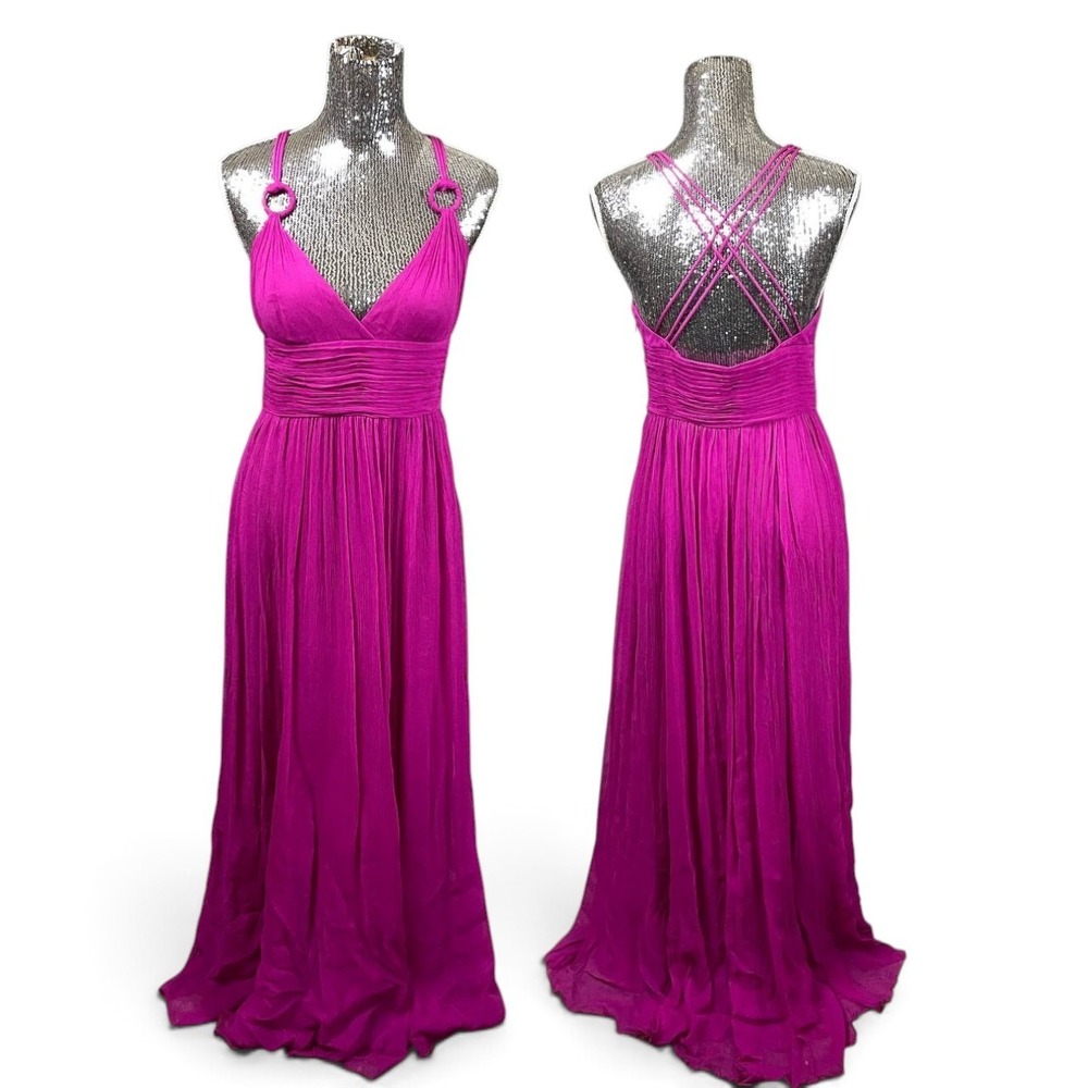 Aidan Mattox Fuchsia Silk Maxi Evening Gown Strappy Open Back Size 8